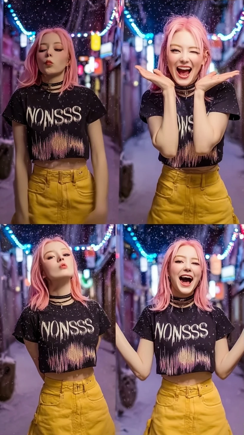 Storyboard 2: Medium shot - Pink-haired performer doing cute surprised expression with hands near face