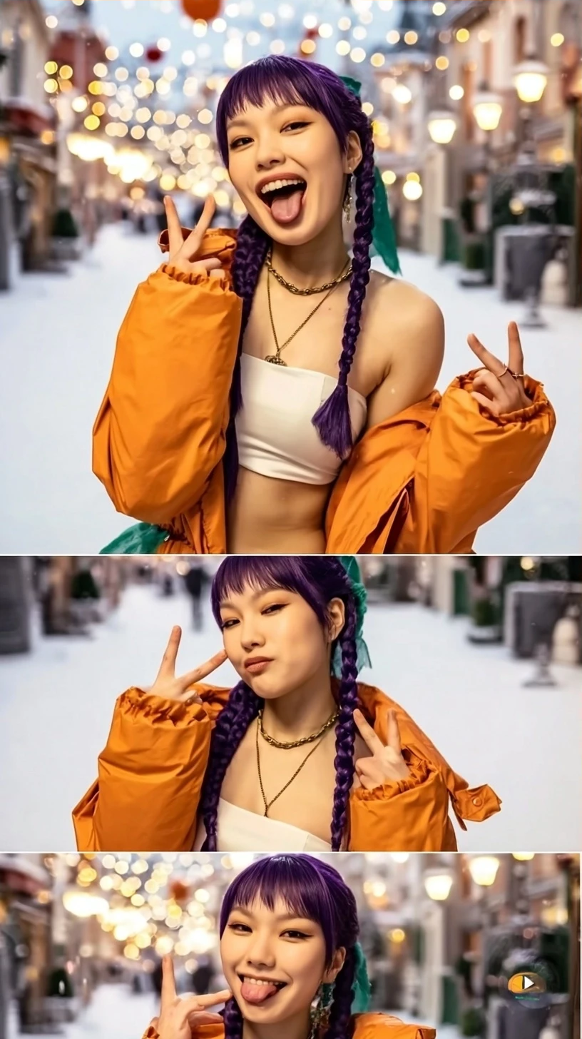 Storyboard 4: Medium shot - Purple-haired performer making playful peace sign and bright expression