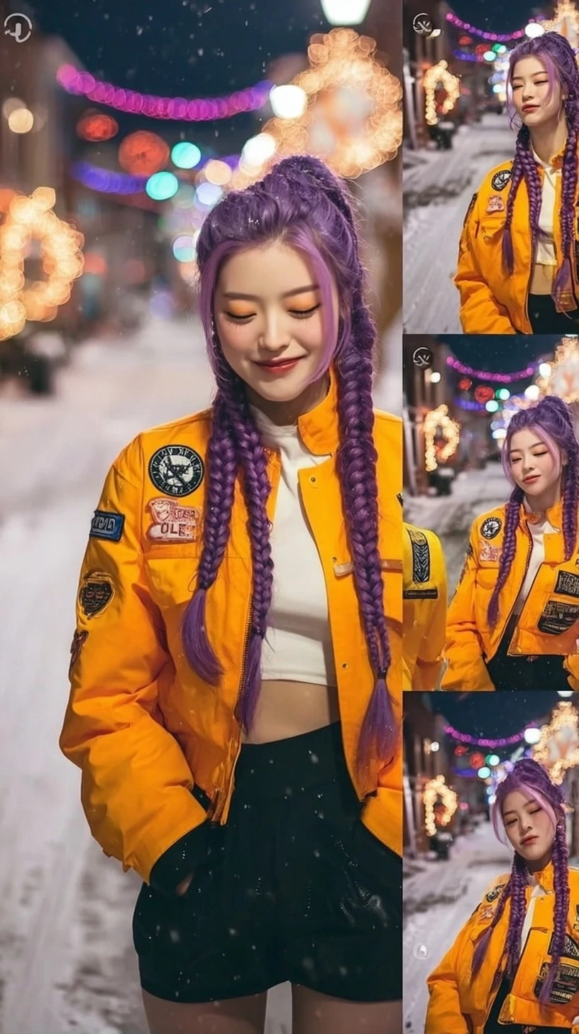 Storyboard 3: Wide shot - Purple-haired performer in orange cyber racer jacket walking confidently into frame