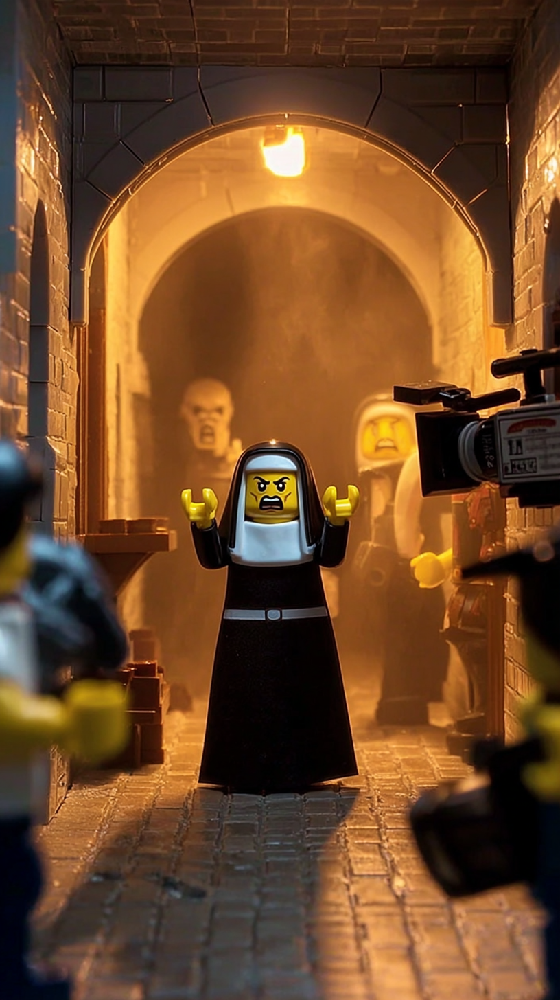 Storyboard 3: Wide shot - LEGO nun in stone corridor making threatening gestures