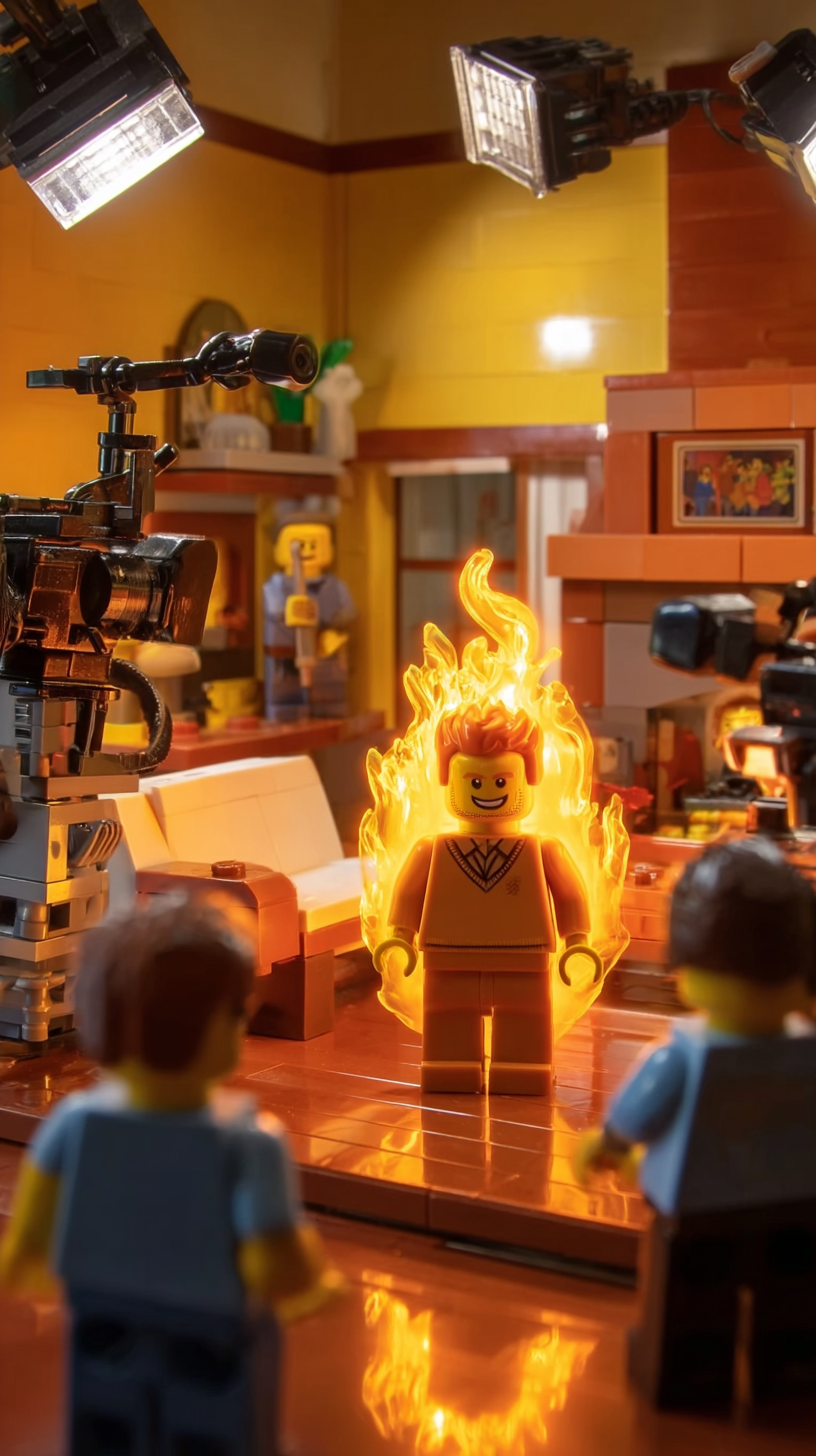 Storyboard 2: Wide shot - LEGO living room set with minifigure completely engulfed in flames