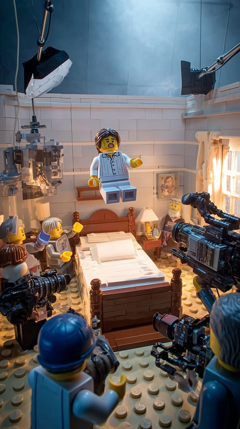 Storyboard 1: Wide shot - LEGO bedroom film set with floating minifigure above bed
