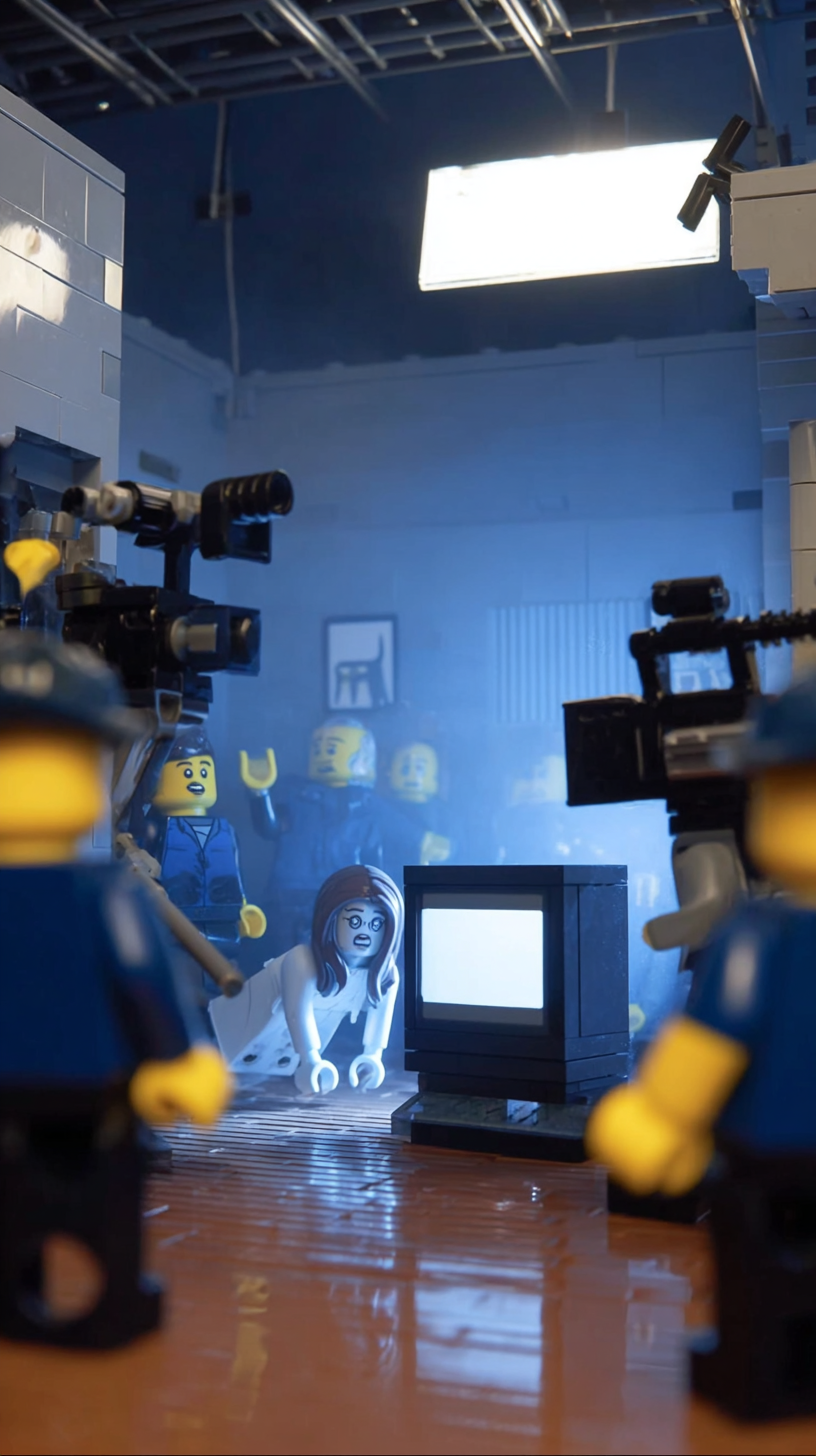 Storyboard 6: Wide shot - LEGO long-haired figure emerging from TV screen