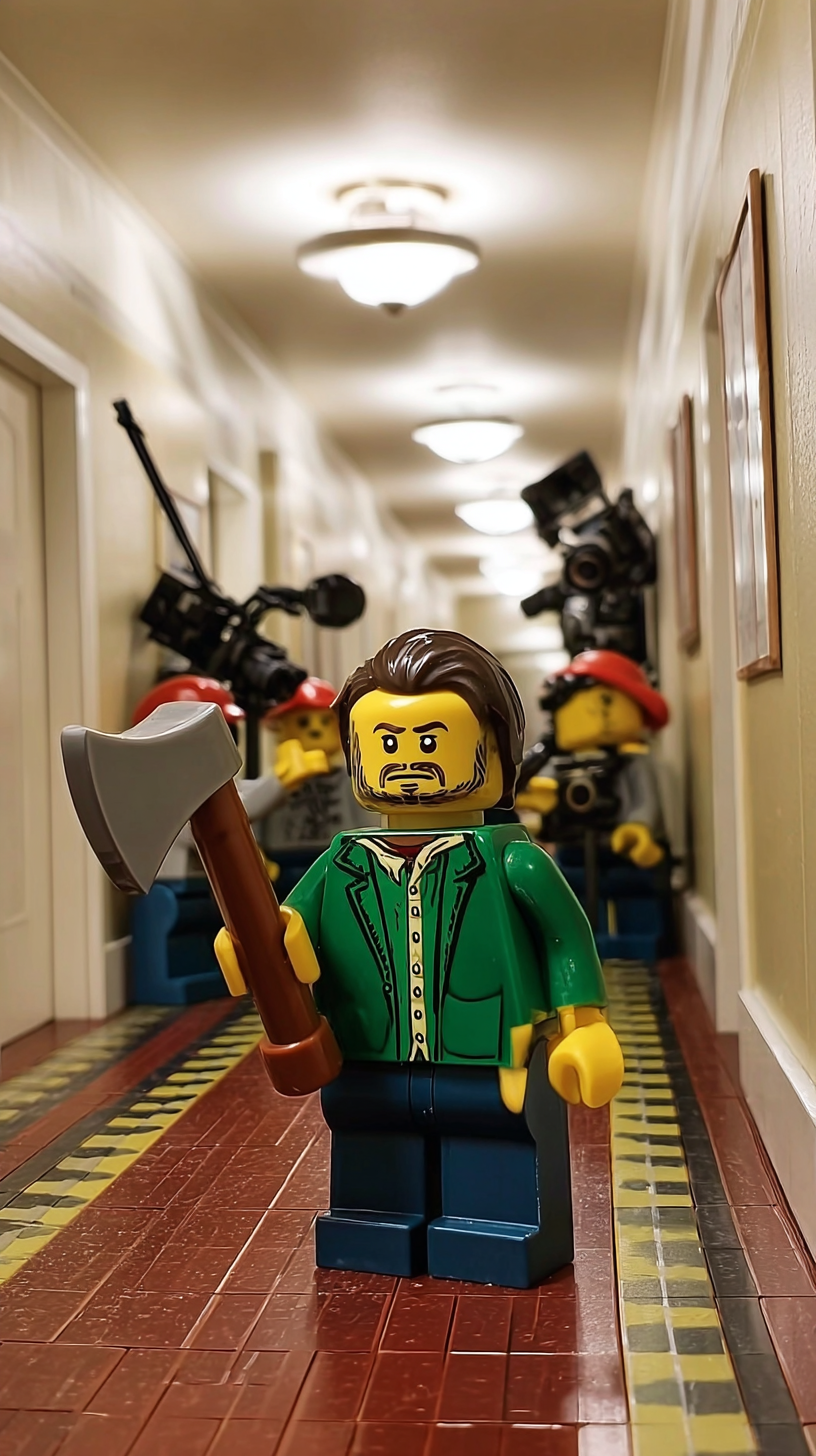 Storyboard 5: Wide shot - LEGO figure in green jacket wielding axe in hotel corridor