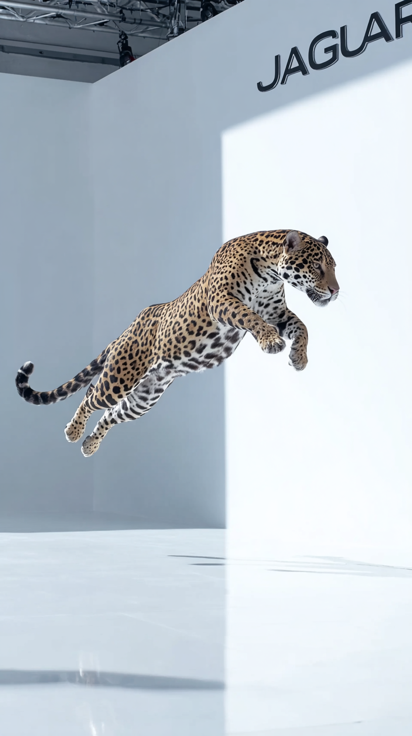 Storyboard 2: Wide shot - Jaguar captured mid-leap in pristine studio