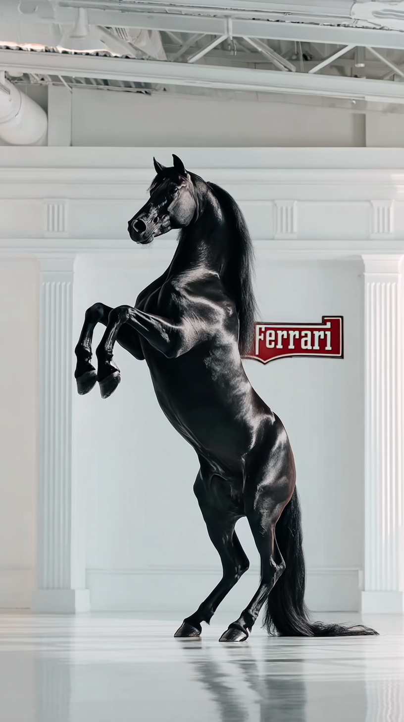 Storyboard 1: Wide shot - Ferrari stallion in pristine white studio