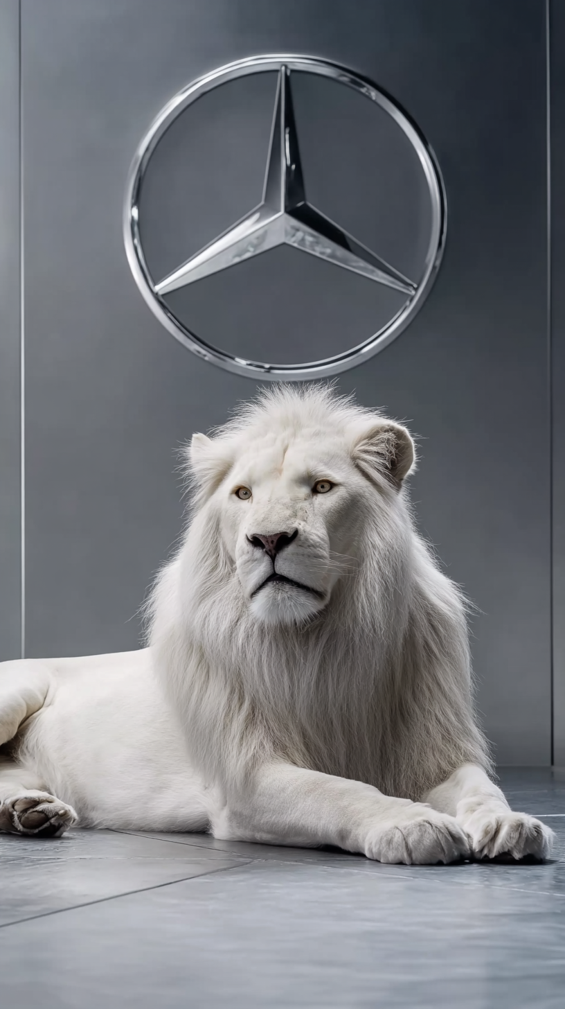 Storyboard 4: Wide shot - White lion in regal pose beneath Mercedes star