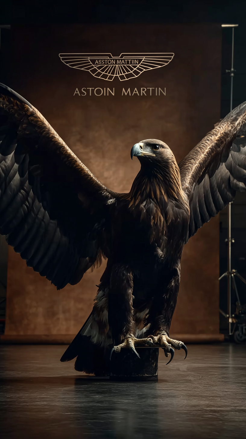 Storyboard 3: Wide shot - Eagle with fully spread wings in dark luxury studio