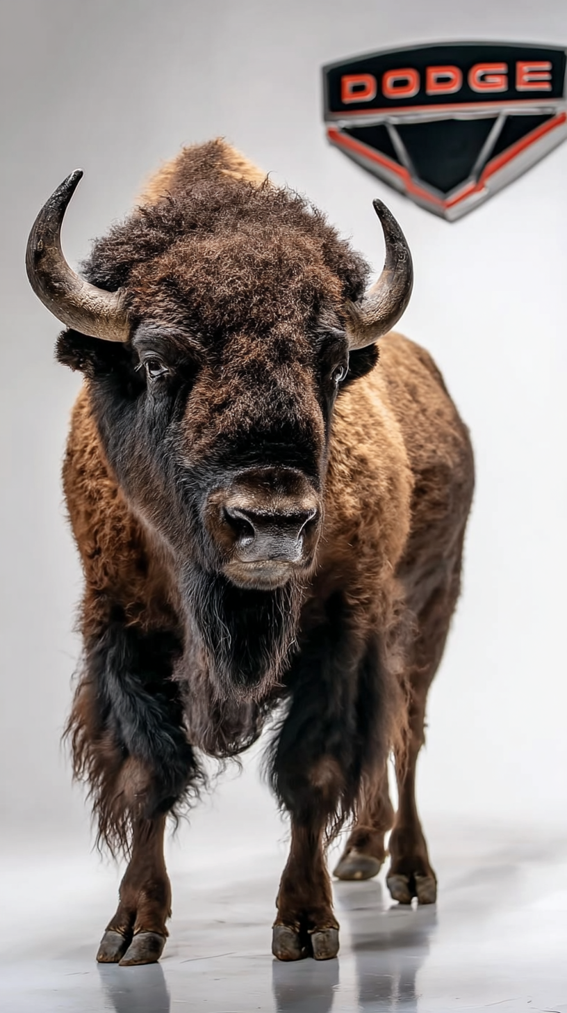Storyboard 6: Wide shot - Massive bison in pristine white studio with Dodge branding
