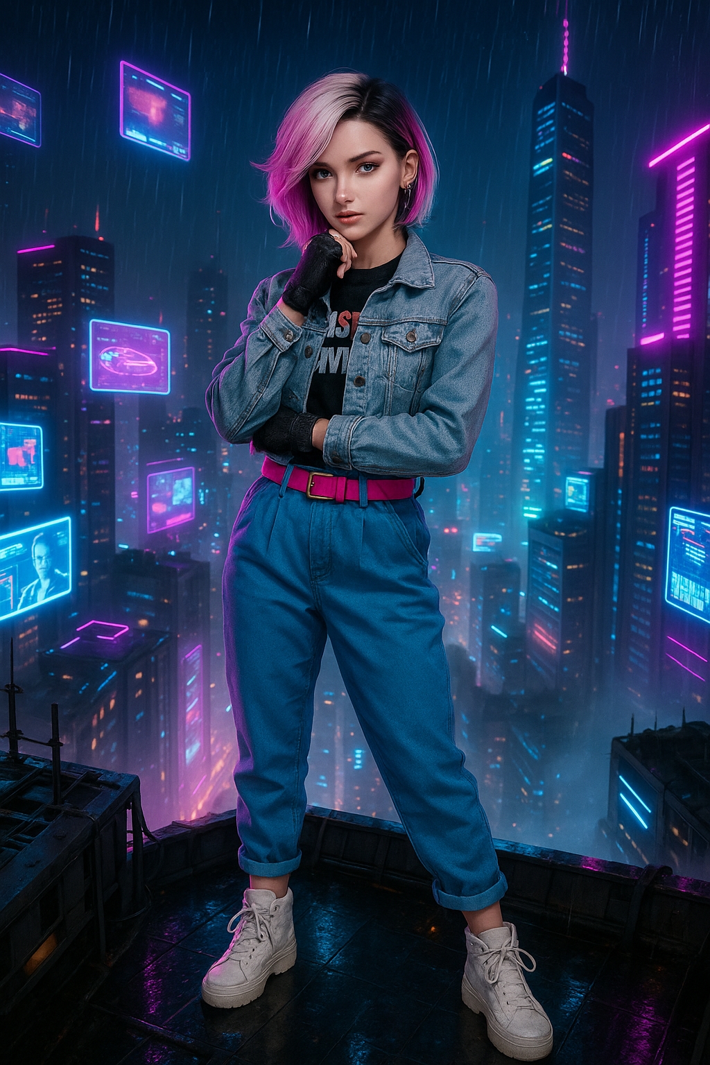 Storyboard 1: Cinematic opening shot with subtle camera movement around the pink-haired cyberpunk girl, neon lights pulsing gently in the rain-soaked city