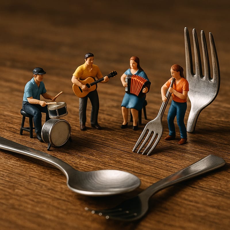 Storyboard 7: Soft push toward the miniature band on the tabletop, cutlery gleaming like stage equipment, musicians performing with gentle animated moveme