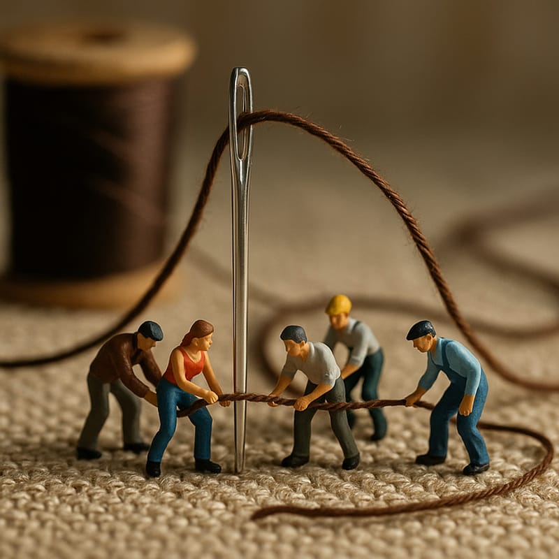 Storyboard 8: Measured push toward the needle eye as workers coordinate the thread movement, brown thread forming graceful arc with synchronized teamwork,