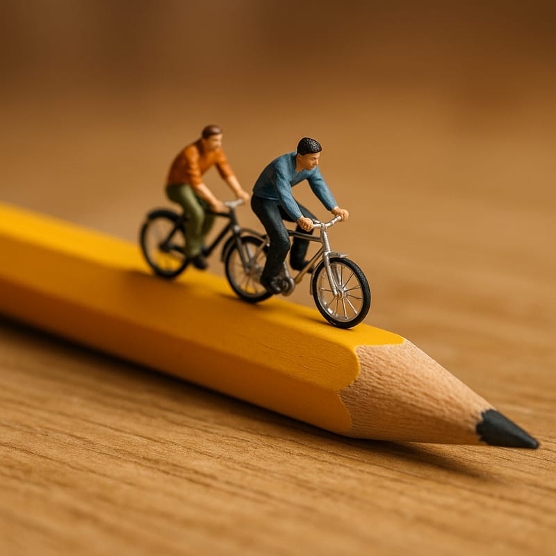 Storyboard 4: Forward following camera movement along the pencil as cyclists ride the wooden surface, wood grain texture flowing past, slight upward tilt