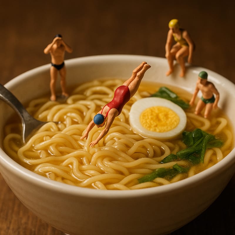 Storyboard 1: Slow low-angle camera push toward the ramen bowl as steam gently rises, tiny diver surfaces among the golden noodles with gentle rippling mo