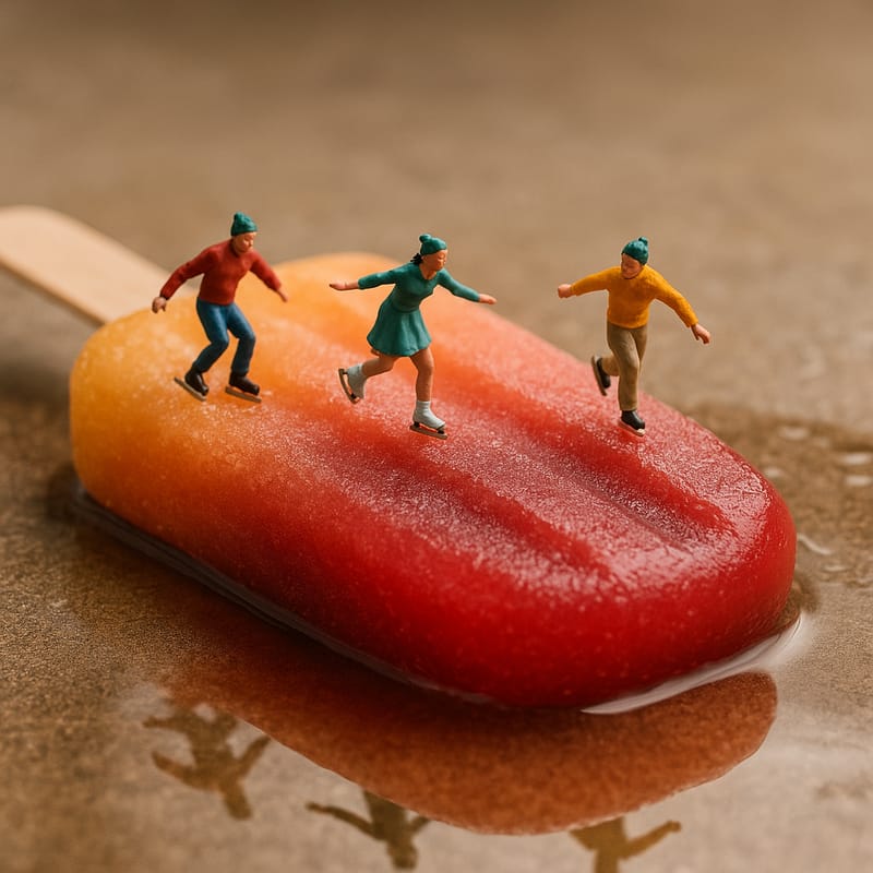 Storyboard 2: Smooth lateral camera movement following the skaters as they glide across the popsicle surface, subtle melting effects with water reflection