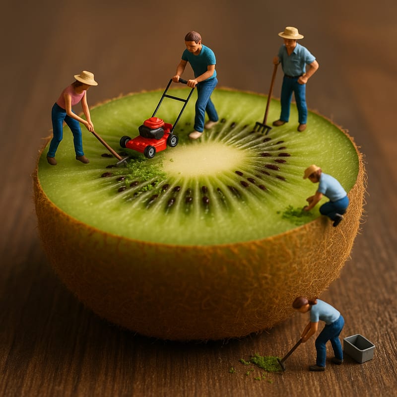 Storyboard 5: Slow 180-degree arc around the kiwi keeping the lawn mowing team centered, radial pattern being trimmed with tiny clippings collecting, brig